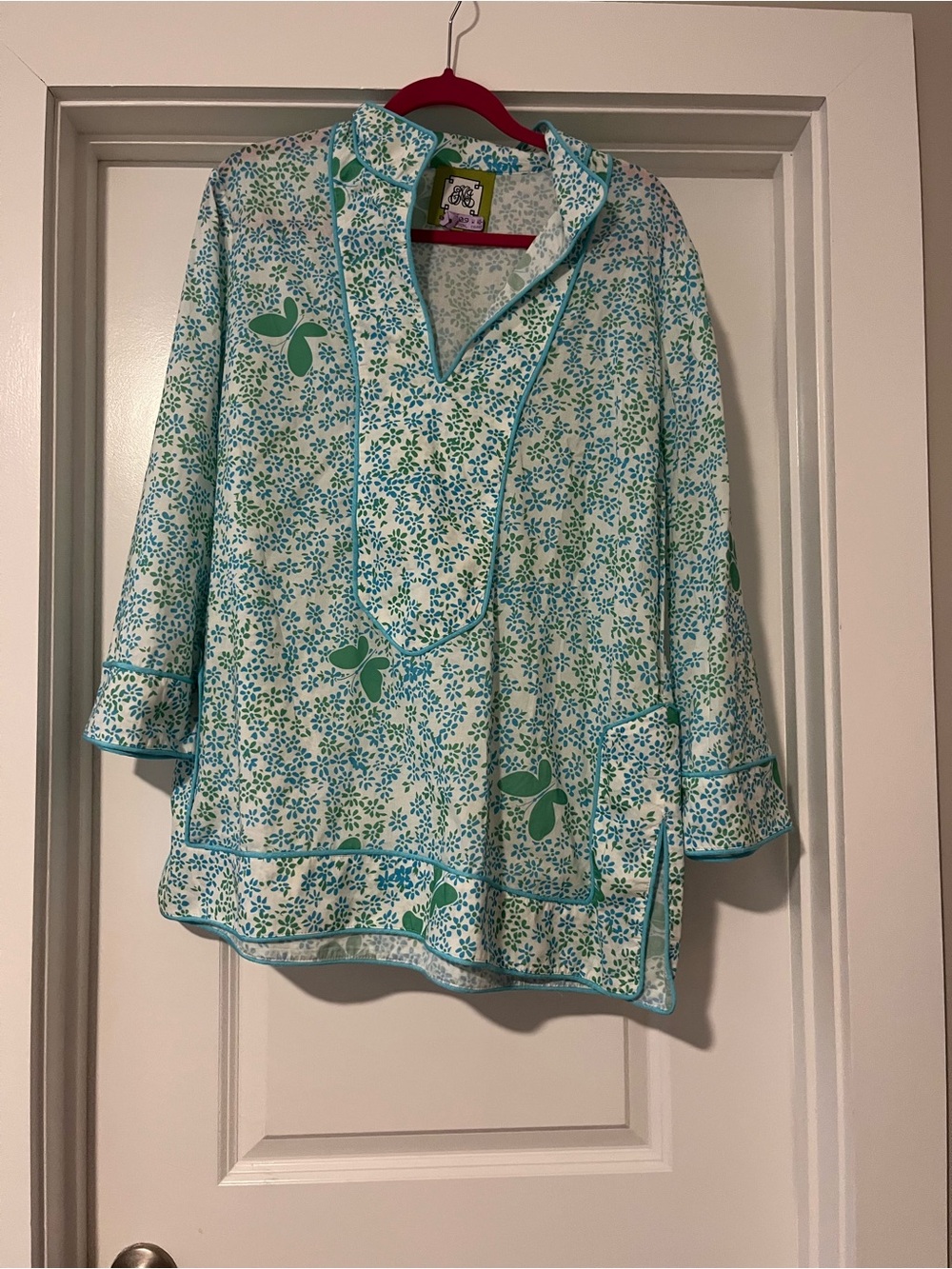 Elizabeth McKay green blue tunic top xl extra large flowers top